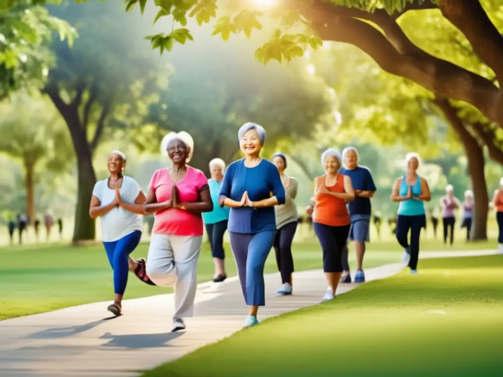 Un vibrante parque repleto de personas mayores de todo el mundo practicando yoga, tai chi y caminatas. <b>Avances en gerontología longevidad humana.