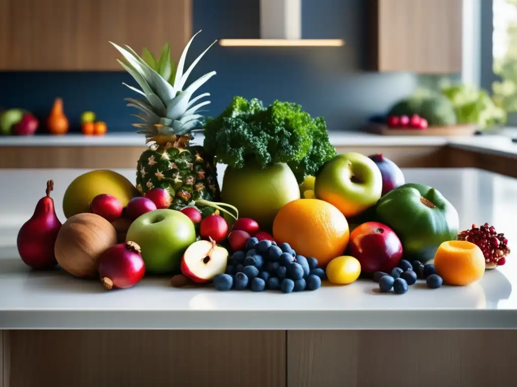 Una vibrante selección de alimentos para microbioma y longevidad, dispuestos en una cocina moderna con luz natural.