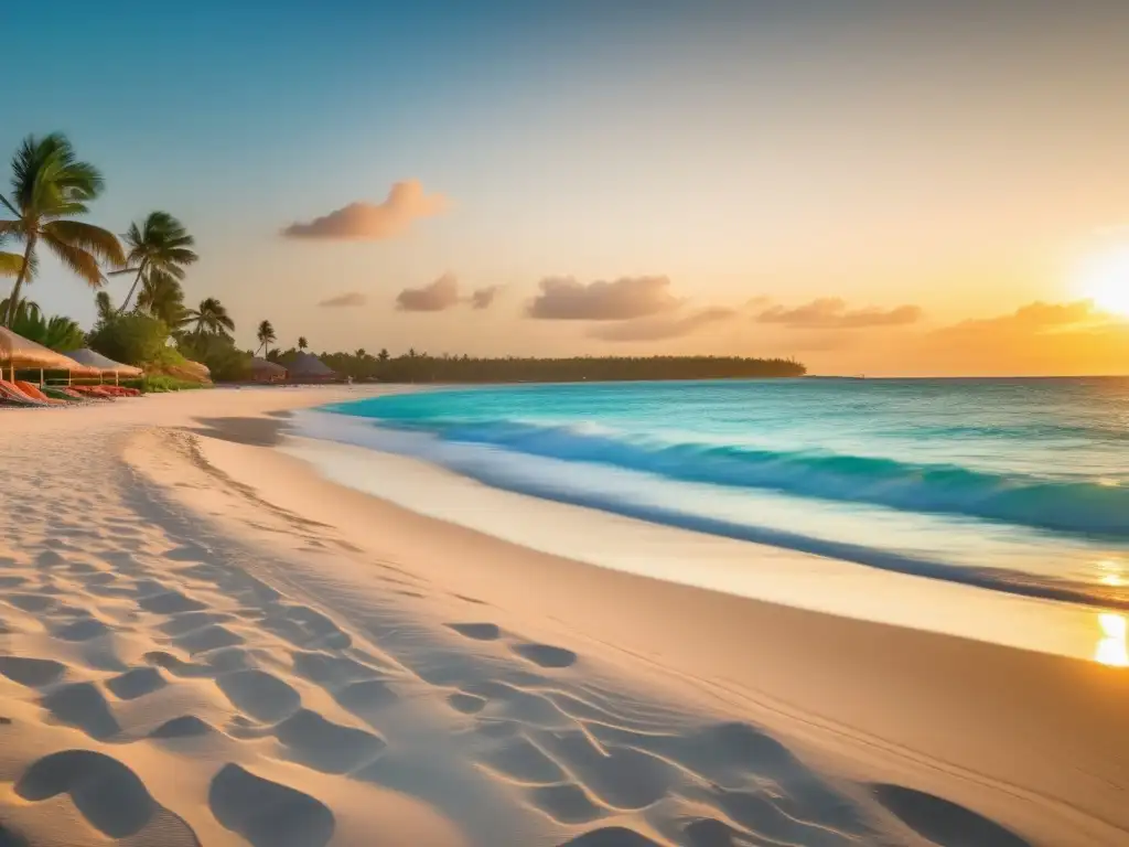 Disfruta de una vida saludable en la playa con esta imagen de ensueño: aguas cristalinas, arena dorada, sombrillas y palmeras bajo el cálido sol.