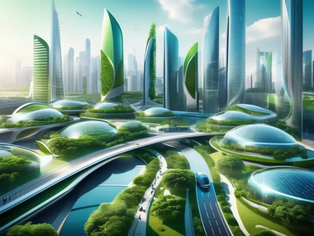 Una visión futurista de una ciudad sostenible, con tecnología avanzada y espacios verdes. <b>Innovación tecnológica para longevidad saludable.