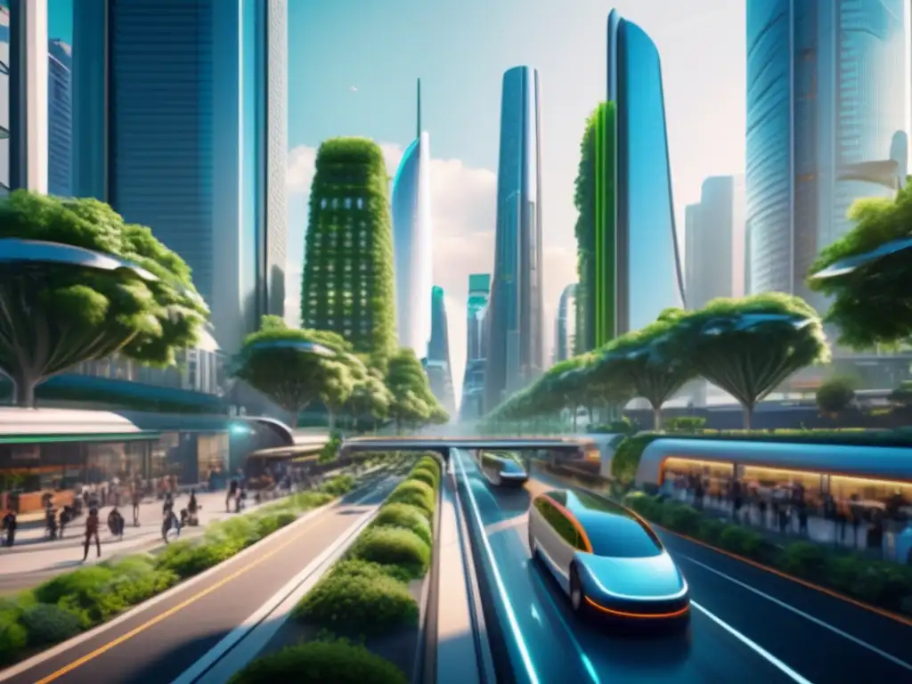 Una visión futurista de una ciudad vibrante con transporte eléctrico y edificios sostenibles, reflejando esperanza de vida post pandemias.