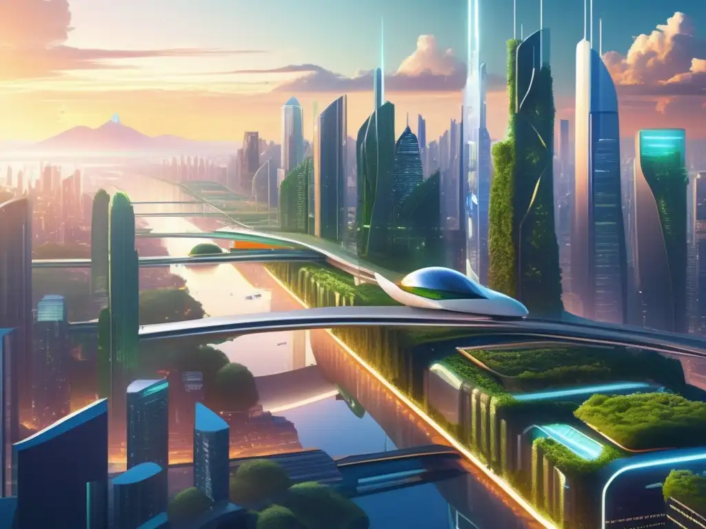 Vista de la ciudad futurista con rascacielos, jardines verticales, vehículos voladores y tecnología AI. <b>Inteligencia Artificial y Longevidad Humana.