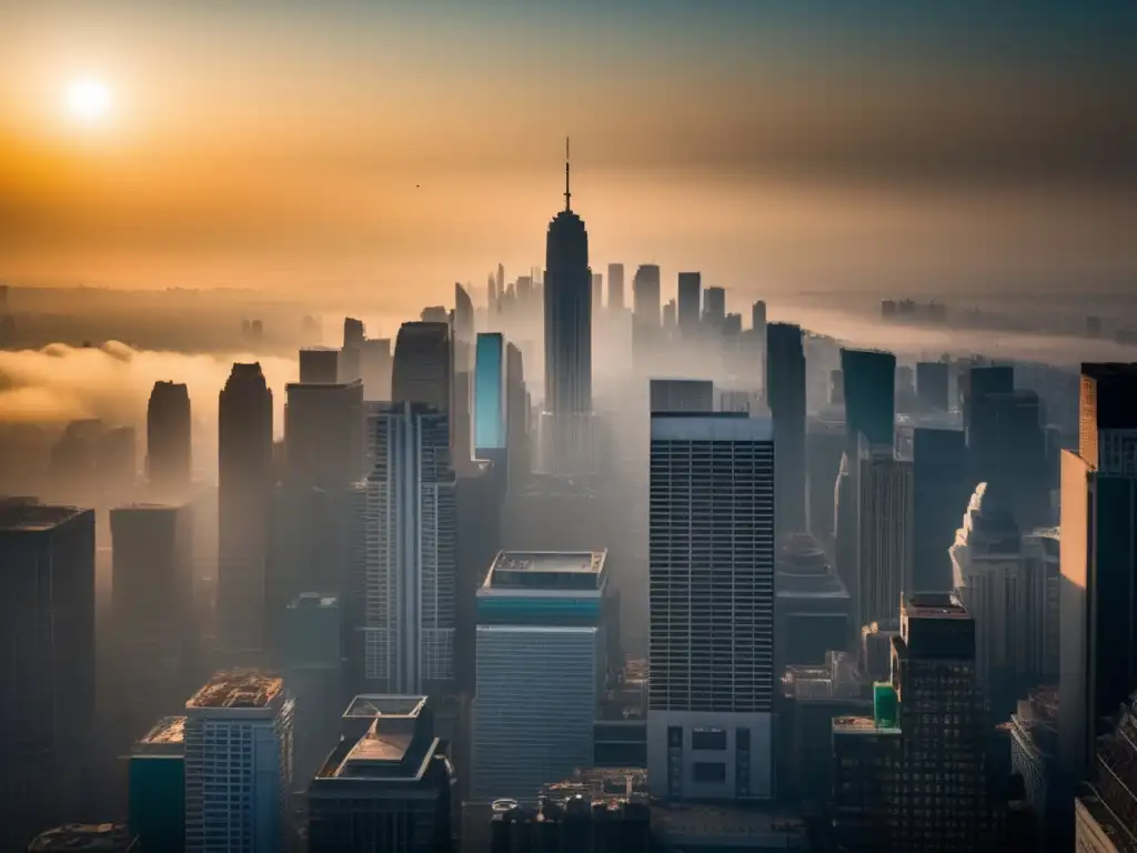 Vista panorámica urbana con smog y rascacielos, mostrando el impacto del calentamiento global en longevidad.