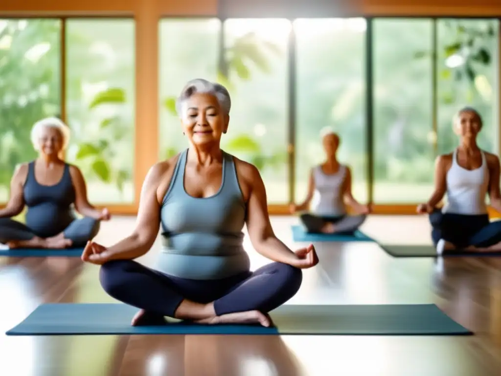 'Práctica de yoga para personas mayores en un estudio moderno rodeado de naturaleza, promoviendo la salud y conexiones con la naturaleza en 'Visiones filosóficas de sociedades longevas'.